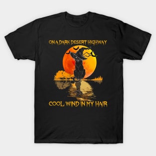 Black Cat Witch Hat On A Dark Desert Highways Halloween Shirt T-Shirt